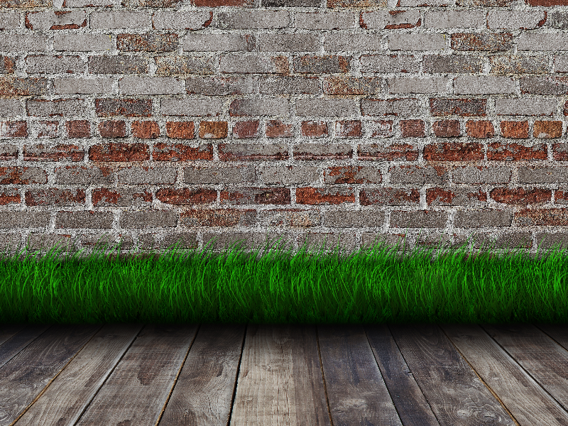 Green Grass Room Interior With Wooden Floor And Bricks Background