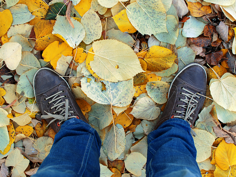 Man Feet On Fallen Leaves Stock Photo