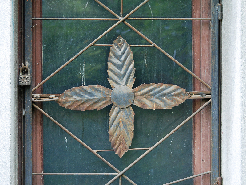 Old House Window With Metal Grill Bars And Dirty Glass Texture